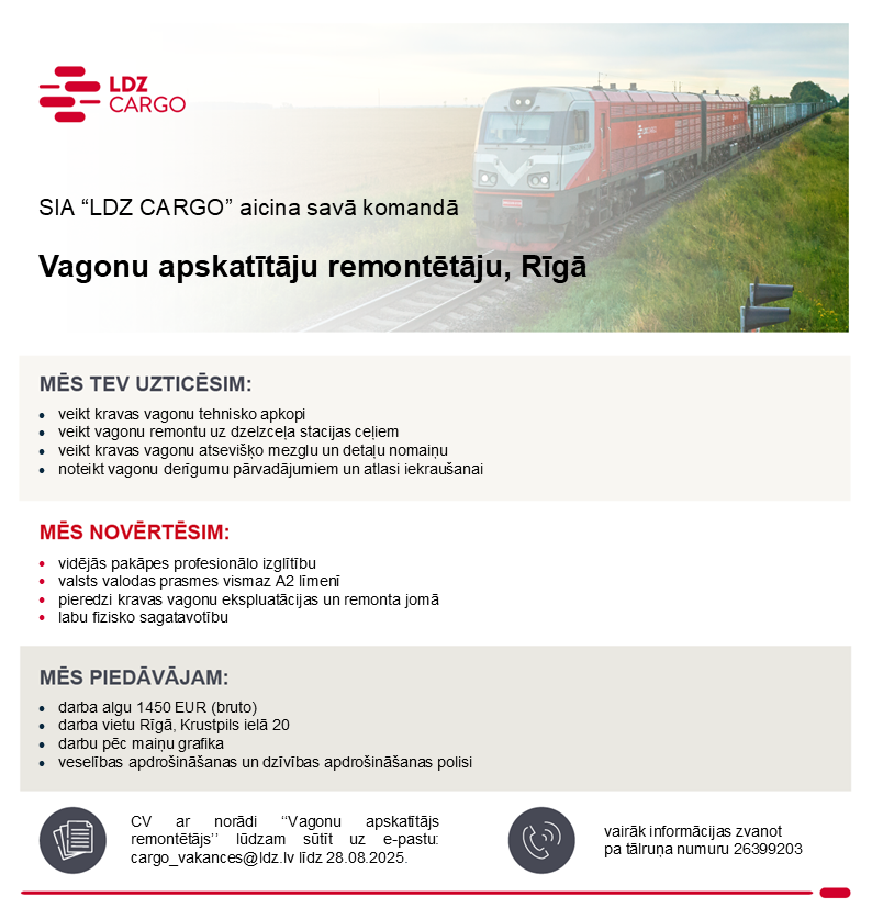 Vakance vagonu apskatītājs remontētājs Rīga